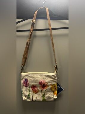 NWT- Canvas Floral Crossbody Bag with Tan Strap